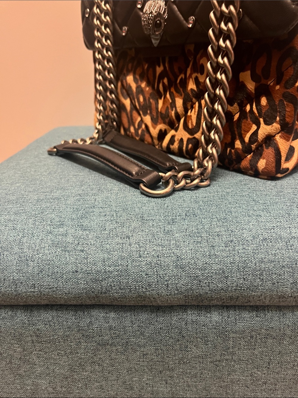 Kurt Geiger Quilted Black & Leopard-Print Shoulder Bag with Crystal Studs - Picture 2 of 4